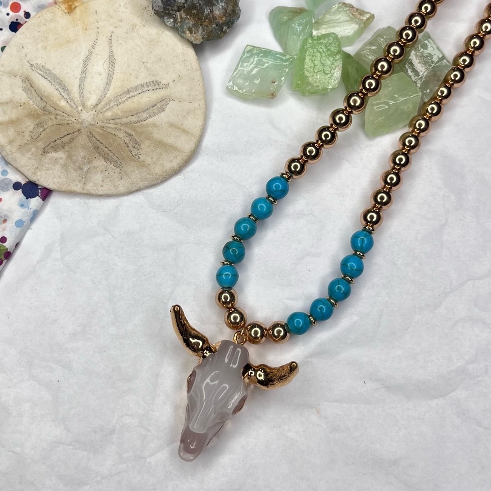 Gold and Dyed Howlite Beaded Necklace with Bull Pendant